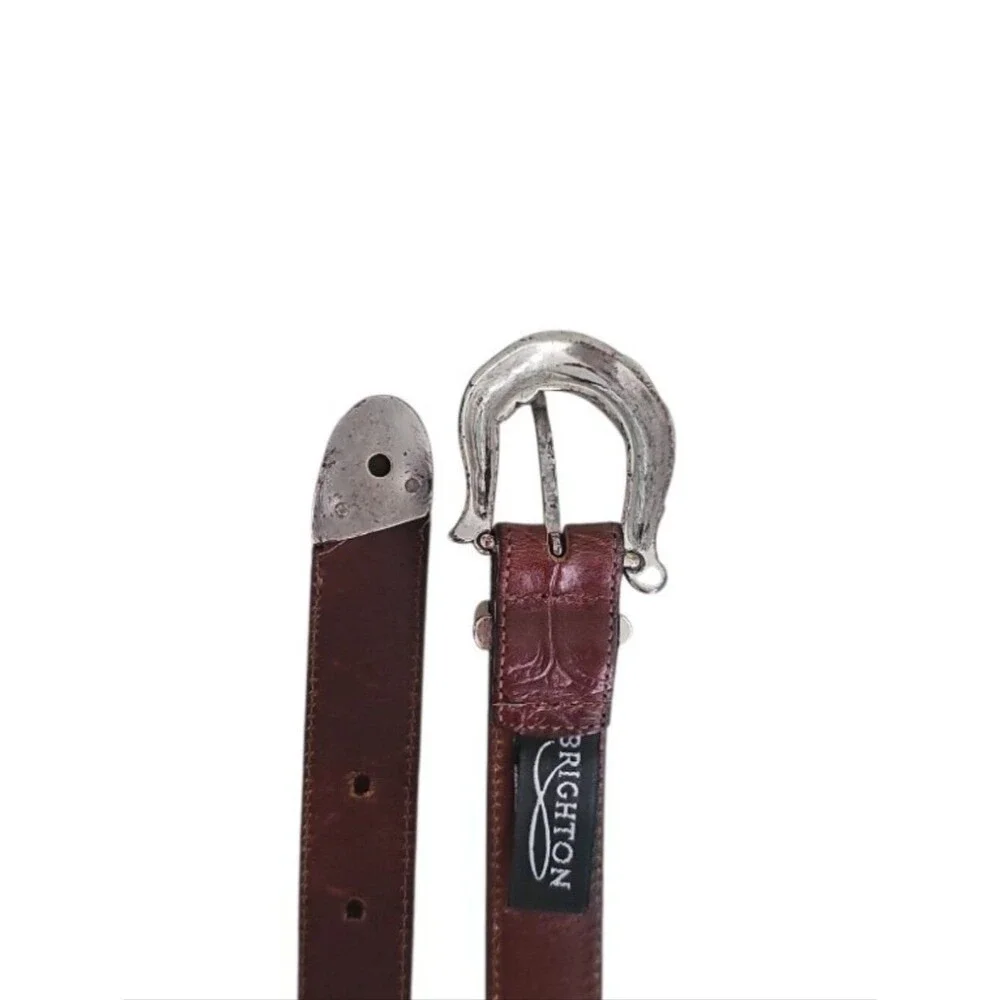 Brighton Vintage Leather Belt Women’s M Brown Silver Scroll Buckle Western USA